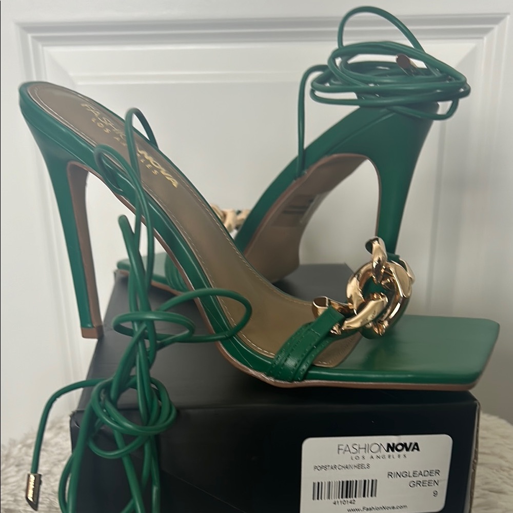 Fashion Nova Green and Gold Stiletto Heels with Ankle Straps